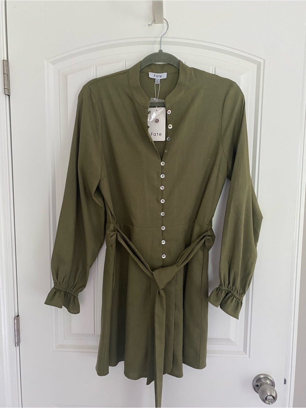 Fate Olive Green Long-Sleeve Button Dress with Self-Tie Waist size Medium